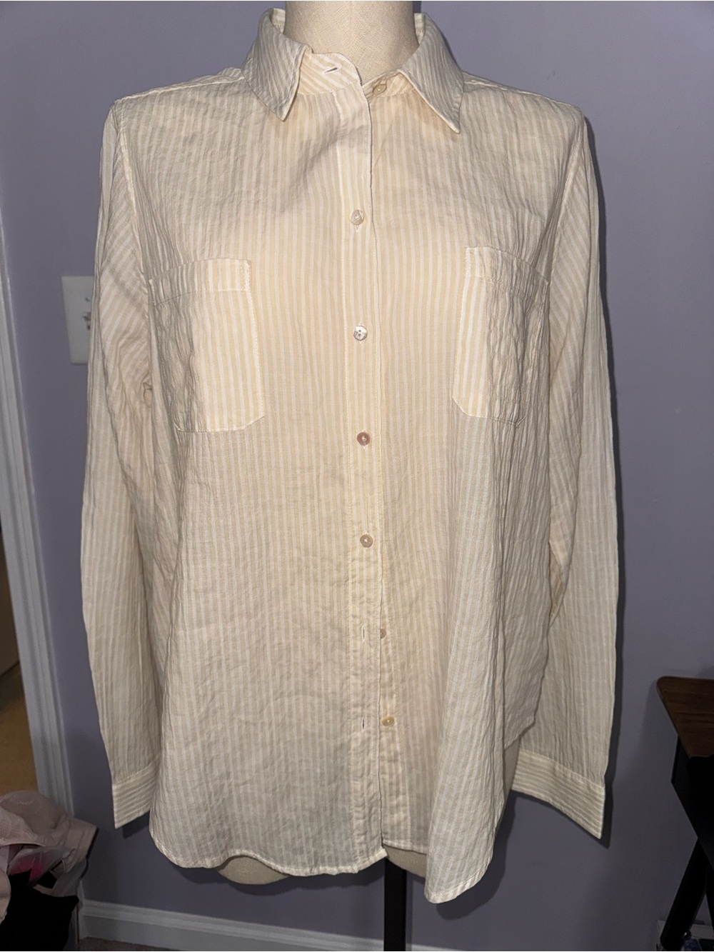 Lilly Pulitzer Sea View Button Down Shirt Beige White Stripe Size M